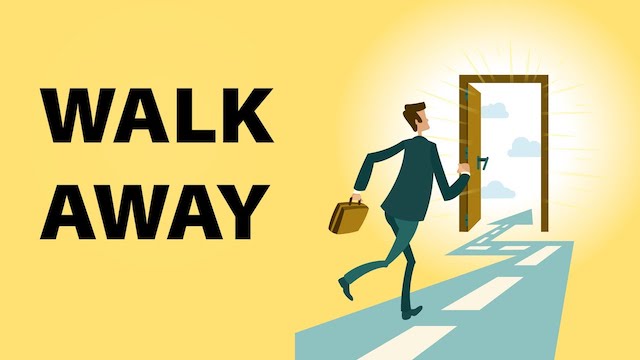 cartoon of a man going to a exit and the words walk away