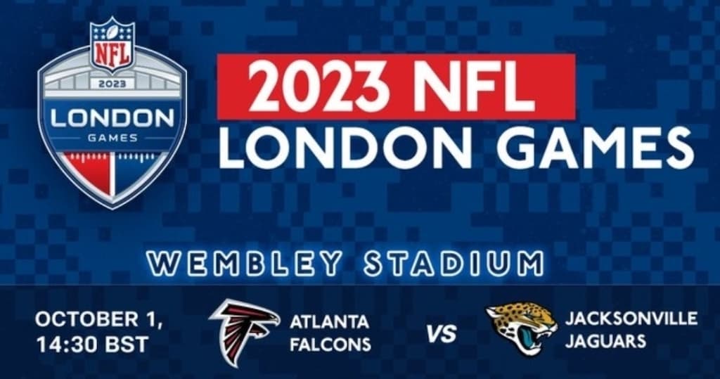 Promotional banner of 2023 NFL London Games. October 1, 14:30BST. Atlanta Falcons vs Jacksonville Jaguars